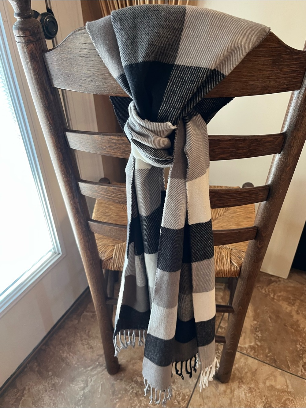 Vintage 100% Cashmere Scarf Made in Scotland Buffalo Plaid Black Grey Luxury